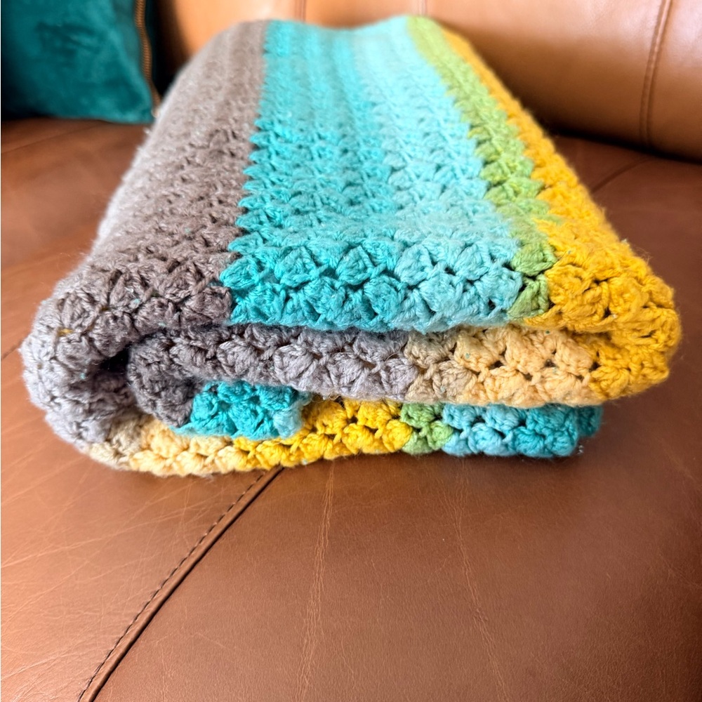 Handmade Crochet Throw Blanket in Teal, Yellow & Taupe